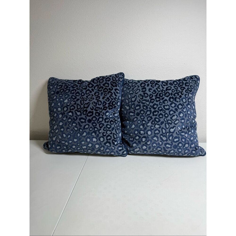 Set of 2 Blue Velvet Leopard Throw Pillows 17x17 Feather Insert Decor